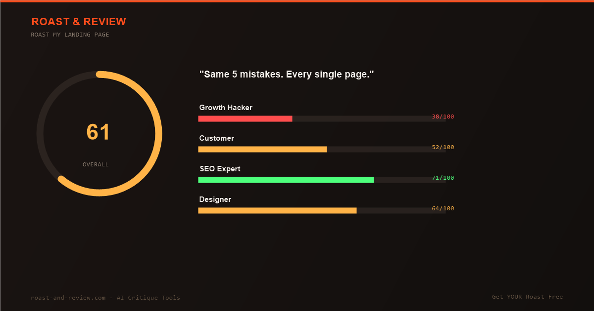 AI audit scorecard showing the same five landing page failures across seven SaaS sites